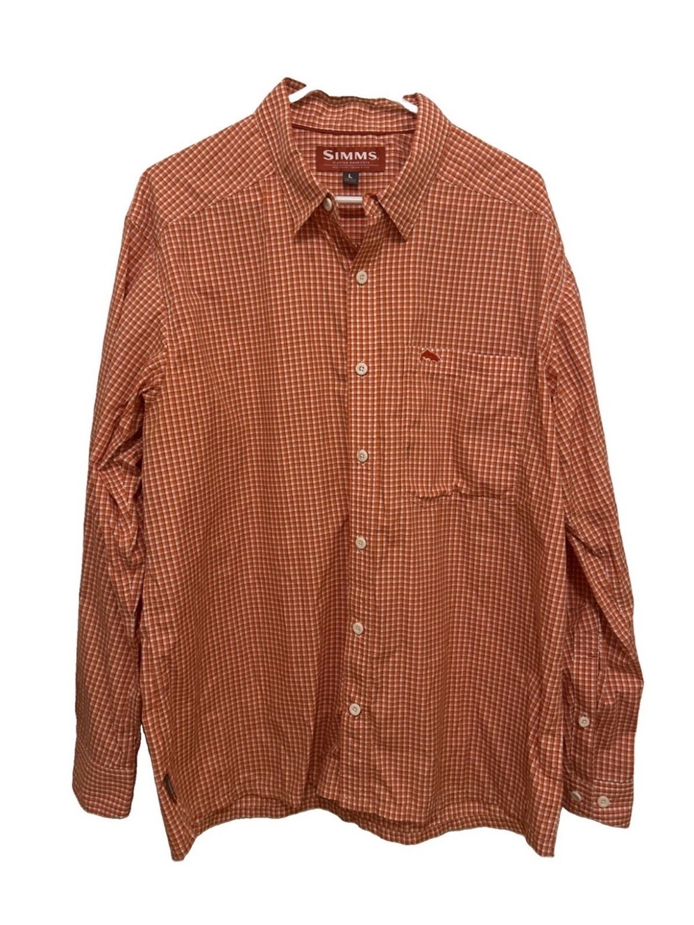 Simms Men's Orange Check Button-Up Outdoor Shirt LARGE